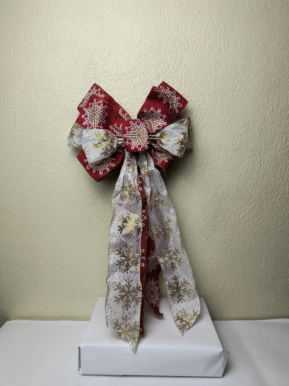 Festive Red & White Snowflake Holiday Bow with Gold Accents